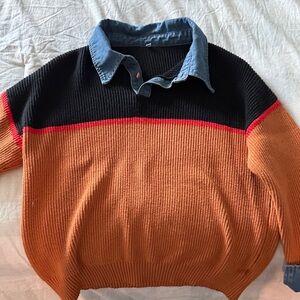 Source Unknown Black and Orange Sweater with Denim Collar